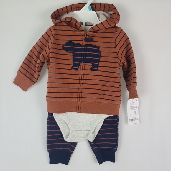 Carters Baby Boys 3pc Pants Top Jacket Outfit Set Sz 6 Mo Bear Blue Brown Grey - Picture 1 of 6